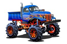 a blue monster truck with orange flames on it's front wheels and big tires