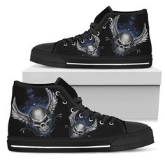 Skull wings High top shoes Lightweight construction with breathable mesh fabric provides a comfortable and flawless fit. Skull Wings, Custom Painted Shoes, Warriors Shirt, Cool Halloween Costumes, Custom Shoes, Converse Chuck Taylor High Top Sneaker