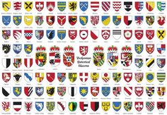 a large set of shields with all the different colors and symbols on them, in various sizes