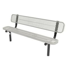 a metal bench sitting on top of a white floor next to a black leg rest