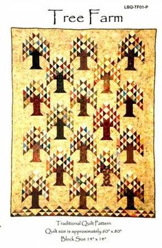 an old fashioned quilt with crosses on it and the words tree farm written in black