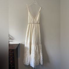 New With Tags American Eagle Boho Lace Maxi Dress Adjustable Button Straps Lined Hook To Keep Front Closed Cream Color Size Medium Boho Lace Maxi Dress, White Bohemian Dress, Fingers Crossed, Boho Lace, Tiered Maxi Dress, Lace Maxi, Lace Maxi Dress, Summer 24, Bohemian Dress