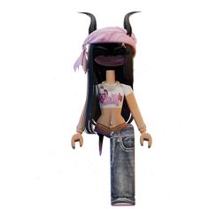 a female doll with long black hair wearing jeans and a pink hat