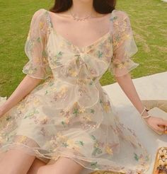 @alice_sunnydays on pinterest // dm for credit Korean Fairy Dress, Fairy Core Aesthetic Dress, Cute Cottagecore Dresses, Fairy Core Outfits Dress, Cottage Core Fairy Dress, Cottage Core Dresses Short, Pretty Flower Dress, Cottagecore Hoco Dress, Fairycore Aesthetic Outfits Dresses