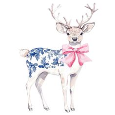 a watercolor painting of a deer wearing a blue and pink dress with a bow