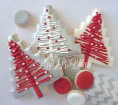 decorated cookies with red, white and grey decorations