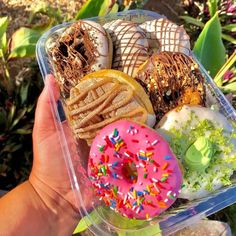 a plastic container filled with lots of different types of doughnuts and sprinkles