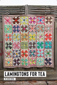 a book cover with an image of a quilt hanging on a wooden fence and the title, lamingtons for tea