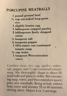 a recipe for porcupine meatballs on a white paper with black writing in it