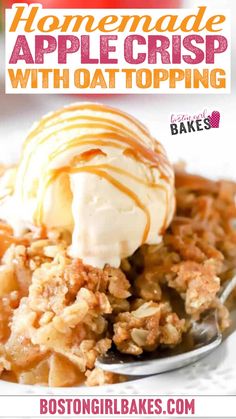 homemade apple crisp with oat topping on a spoon and text overlay reads homemade apple crisp with oat topping