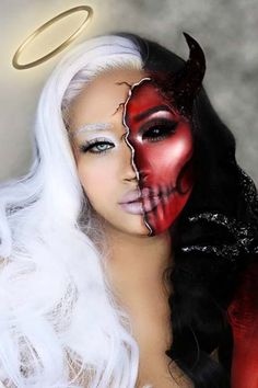 Angel Makeup Ideas, Angel Halloween Makeup, Makeup Ideas For Halloween, 천사와 악마, Demon Makeup, Angel Makeup