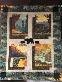 a quilted wall hanging with bear images on it and the words great smoky mountains