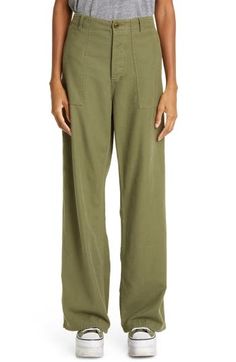 These utility pants are cut in a wide-leg silhouette from Japanese surplus military sateen that's slubbed and treated with an enzyme wash for softness. 32" inseam; 22" leg opening; 13" front rise; 15 1/2" back rise (size 28) Zip fly with button closure Front slant pockets; back button-flap patch pockets 100% cotton Machine wash, tumble dry Imported SPACE: A shop for emerging and advanced designers Military Wide Leg Cotton Cargo Jeans, Wide Leg Washed Bottoms For Work, Relaxed Fit Wide Leg Military Cargo Jeans, Military Style Wide Leg Relaxed Bottoms, Military Style Wide Leg Bottoms With Relaxed Fit, Washed Pants For Workwear In Fall, Wide Leg Workwear Bottoms, Fall Workwear Washed Pants, Utility Washed Pants For Workwear