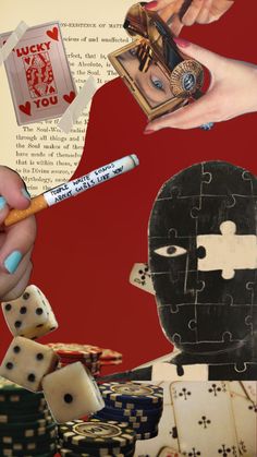 a collage of images with dices, playing cards and a person holding a pencil