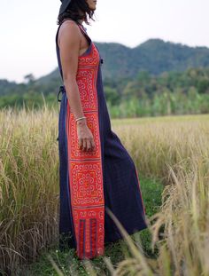 "Sleeveless Deep V Neck Vintage Jumpsuit for Women One-of-a-kind wearable art. High-quality vintage hand-loomed hemp from the Hmong people. Super rare find quality. Sizing: Made in one size to fit M to L / US: 6/8/10/12 Measurement; Chest up to 38\" Waist up to 36\" Hip max 39\" Length 53\" **Model sizes US 6 with 33\" bust, 26\" high waist, 35\" hip and 5'4\" tall, she wore S-M** Description: 100% high-quality vintage handloom hemp fabric from the Hmong tribe. Beautiful, weighty, soft, and thic Traditional Sleeveless Festival Dress, Hmong Clothing, Jumpsuit Vintage, Hmong Clothes, Hemp Clothing, Vintage Jumpsuit, Jumpsuit For Women, Womens Jumpsuits, Hemp Fabric