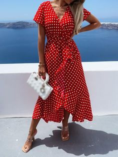 Sexy V-neck Female Ruffle Swing Dress Elegant Asymmetric Tie Up Party Dress Summer Short Sleeve Loose Polka Dot Print Long Dress Summer V-neck Polka Dot Midi Dress, Polka Dot Maxi Dress For Summer Party, Summer Party Polka Dot Maxi Dress, Summer Polka Dot V-neck Midi Dress, Polka Dot V-neck Maxi Dress For Summer, Polka Dot V-neck Midi Dress For Vacation, Polka Dot V-neck Midi Dress For Beach, Polka Dot V-neck Dress For Party, Polka Dot V-neck Party Dress