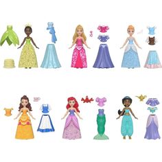 disney princess dolls lined up in different outfits