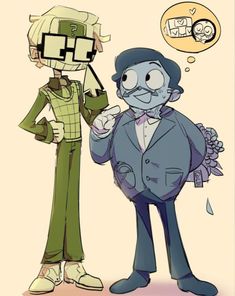 two cartoon characters are standing next to each other, one is wearing a suit and the other has a mustache