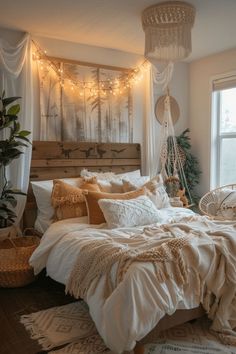 a bedroom with white bedding and string lights