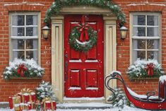 a red door with wreaths and presents in front of it