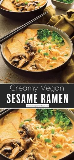 creamy vegan sesame ramen with mushrooms and broccoli