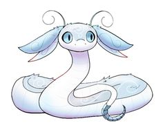 a drawing of a white snake with blue eyes and long tail, sitting on the ground