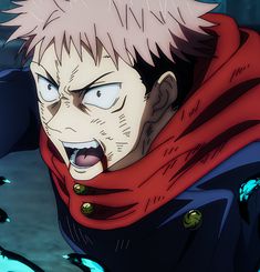 an anime character with his mouth open and eyes wide open, wearing a red scarf