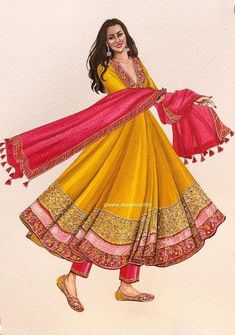 a drawing of a woman in yellow and pink dress