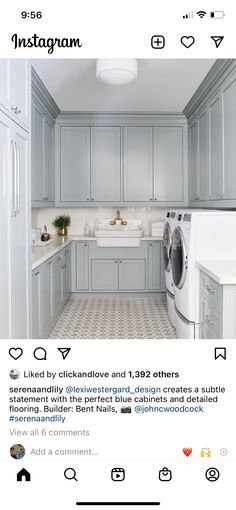 the instagram page on instagram com shows an image of a kitchen with gray cabinets and white appliances