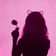 a silhouette of a woman holding a flower in front of a pink background with the shadow of a cat's head