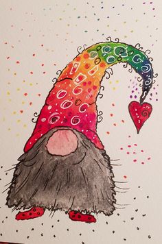 a drawing of a gnome with a rainbow hat and heart on it's nose