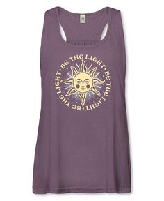 Illuminate your universe as you wear this Be the Light Recycled Racerback Tank! Allow its vintage sun print and BE THE LIGHT message to keep you glowing. A little ray of sunshine for your day with a relaxed fit, ruched center back, and long length. Eco Plum. Compressive Tank Top With Light Support For Yoga, Summer Purple Tank Top For Yoga, Yoga Clothes Boho Soul Flower (soulflower Clothing), Moisture-wicking T-back Tank Top For Yoga, Compressive Tank Top For Yoga, Sixties Dress, Beautiful Boho Dresses, Cotton Sports Bra, Organic Cotton Leggings