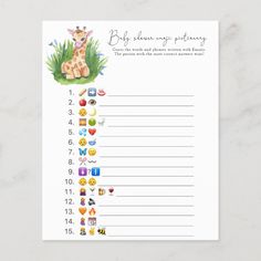 a baby shower game with giraffes and other things to do on it