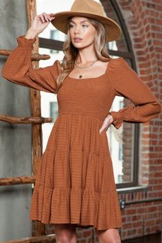 Material:50%Polyester+50%Viscose It features a smocked bodice for a flattering fit. Long sleeves add warmth and versatility. Can be styled with ankle boots and a wide-brim hat for a bohemian look. Size Chart (CM) Sizes Bust Waist Sleeve_Length Length Relax Relax Relax Relax S 68 63 67 87 M 74 69 68 89 L 80 75 69 91 XL 88 83 70 93 Elasticity None Size Chart (INCH) Sizes Bust Waist Sleeve_Length Length Relax Relax Relax Relax S 26.8 24.8 26.4 34.3 M 29.1 27.2 26.8 35.0 L 31.5 29.5 27.2 35.8 XL 34.6 32.7 27.6 36.6 Elasticity None Fall Knee-length Dress With Smocked Bodice, Fall Fitted Smocked Top With Smocked Bodice, Fitted Smocked Top With Smocked Bodice For Fall, Fall Smocked Bodice Puff Sleeve Top, Fitted Smocked Top With Ruffles For Fall, Non-stretch Smocked Top For Fall, Billowy Smocked Bodice Dress, Fall Smocked Top With Flowy Bodice, Fall Smocked Top With Flowy Fit