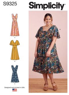 a women's dress and top sewing pattern from the front, with an image of a