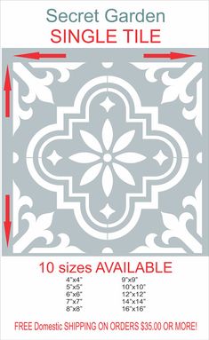 the secret garden tile pattern is shown with measurements for each size and color, including 10 sizes