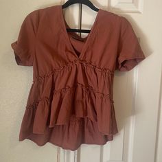 Size L Brown Blouse. V Neck And Never Worn. Fits M/L. Cotton Closet Clothes, Brown Blouse, Shein Tops, Clothes Outfits, Cute Shirts, Dream Closet, Cute Outfits, Blouses, V Neck