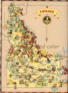 an old map of idaho with many different things on it