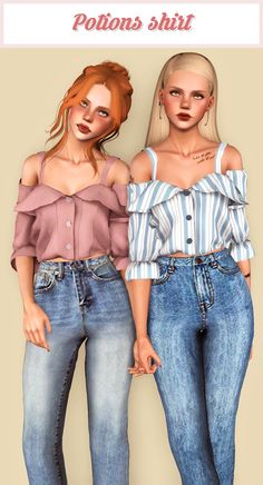 two women in jeans and off the shoulder tops are standing next to each other with their hands on their hips