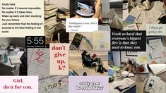 a collage of images with words and pictures on them that include books, papers, laptops