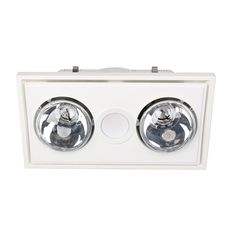 two spotlights on the side of a white wall mounted light fixture with one bulb turned off