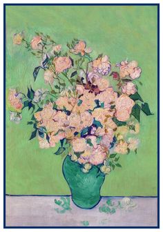 a painting of pink flowers in a green vase