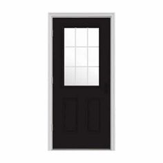 a black door with white glass on the side