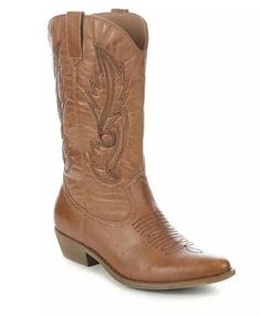 Western vibes and good times are all that's allowed when you're in the Gaucho cowboy boots by Coconuts®. Faux leather upper Easy pull-on entry Approx. 1 1/2 inch block heel Approx. 10 1/2 inch shaft height Approx. 13 1/2 inch circumference Classic pointed toe Padded insole for added comfort Lightweight and durable TPR outsole Western inspired stitching details for added style Western Boots In Faux Leather Medium Width, Western Style Faux Leather Mid-calf Boots, Western Wide Calf Faux Leather Boots, Western Faux Leather Boots, Western Style Brown Mid-calf Boots For Spring, Brown Wide Calf Western Mid-calf Boots, Brown Snip Toe Mid-calf Boots For Spring, Spring Brown Snip Toe Mid-calf Boots, Spring Brown Mid-calf Snip Toe Boots