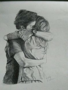 a pencil drawing of two people hugging each other with their arms around one another,