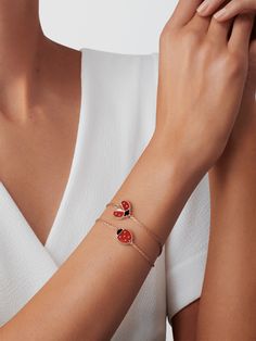 Van Cleef & Arpels - Lucky Spring bracelet, closed wings ladybug - Bracelet Woman Pink gold/Carnelian/Onyx - With its ladybugs and floral motifs, the Lucky Spring®  collection pays tribute to Spring, the season of renewal dear to Van Cleef & Arpels. In 18K rose gold, carnelian and onyx, the creations enrich the benevolent nature of the Maison's universe. Lucky Spring bracelet, closed wings ladybug, 18K rose gold, onyx, carnelian Pink Gold Bracelet, Van Cleef And Arpels Jewelry, Creative Jewelry Photography, Van Cleef & Arpels, Spring Bracelet, Van Cleef And Arpels, Bling Rings, Van Cleef Arpels, Creative Jewelry