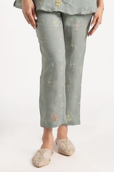 Jade linen top with floral hand screen printed motifs. Comes with pant. - Aza Fashions Top And Pants Set, Hand Screen Printed, In The Clouds, Floral Print Tops, Linen Top, Pant Set, The Clouds, Set For Women, Print Top