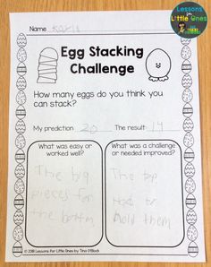 an egg stacking challenge for kids to practice their writing skills on the same page