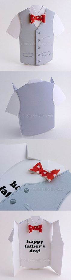 three different views of an origami box with a bow tie on the front