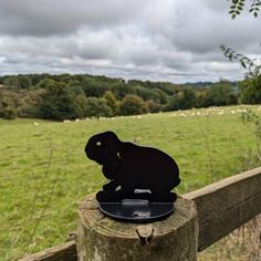 an animal sculpture sitting on top of a piece of wood in front of a field